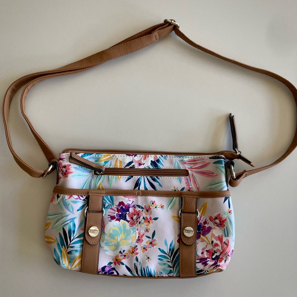 Rosetti Floral Crossbody Bag with Tan Accents